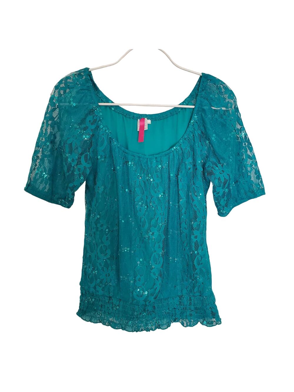 Candies Green Lace Top with Sequins and Ruched Hem Size M